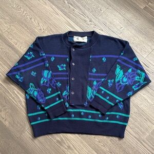 Santana | Vintage Navy and Teal 4 Button Knit Sweater Size Medium
